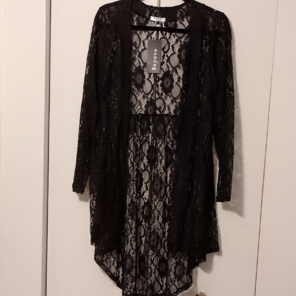 Beyove Black Lace Cardigan or Swimsuit Coverup
